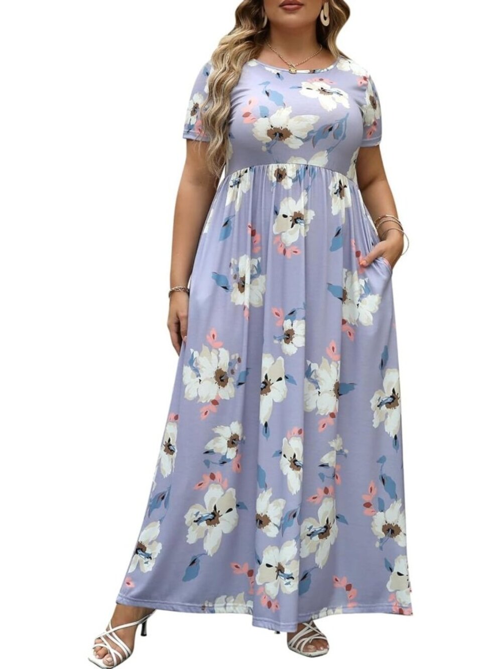 Nemidor Women Plus Size 26 Dress Lilac Purple Floral Print Short Sleeve Pockets
